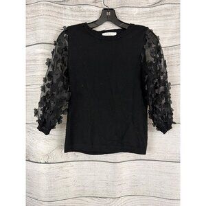 Sioni Milano Black Sweater With Sheer Floral Puffed Sleeves Size S